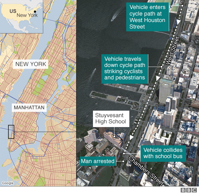 Map showing route of vehicle in New York attack - 1 November 2017