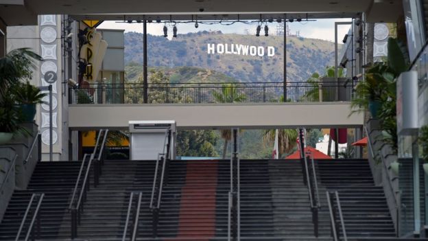 Hollywood and Highland shopping centre with the Hollywood sign in the background