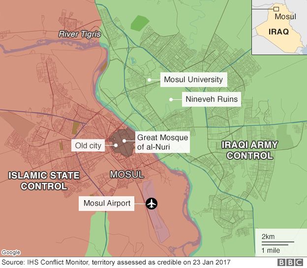 Map of Mosul city showing areas of control