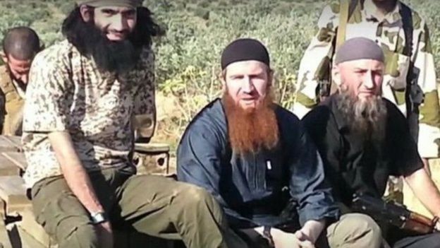 Omar al-Shishani, a Chechen, appears in a video with other foreign jihadist militants in Syria