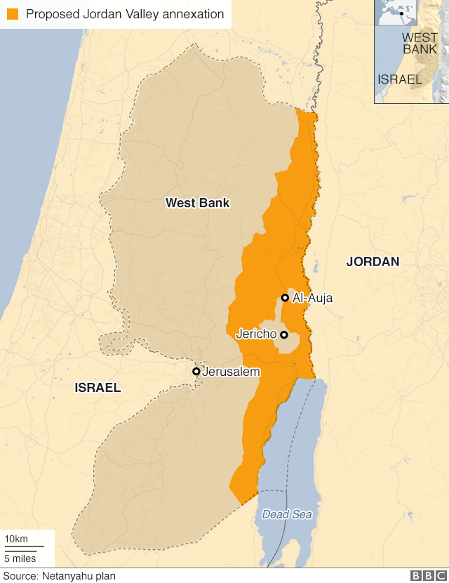 Map of West Bank showing Benjamin Netanyahu's proposal for annexing the Jordan Valley and northern Dead Sea