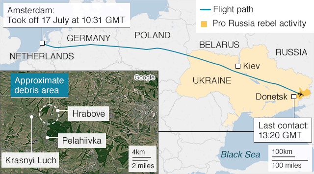 Map shows the route taken by flight MH17