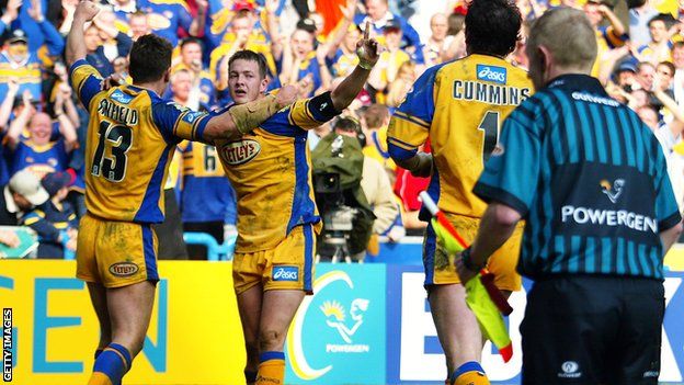 Danny McGuire celebrates his try in the 2003 Challenge Cup semi-final win against St Helens