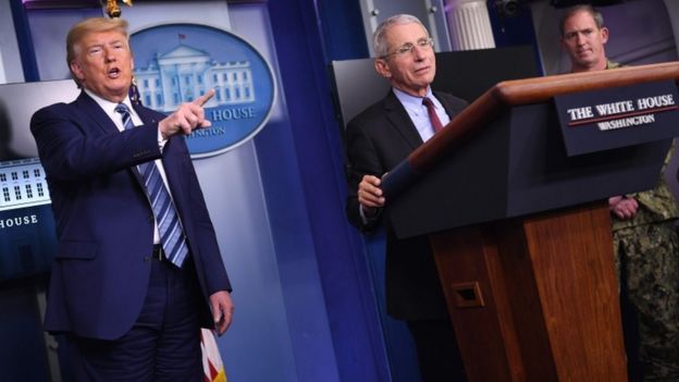 Anthony Fauci speaks at a news conference beside Donald Trump