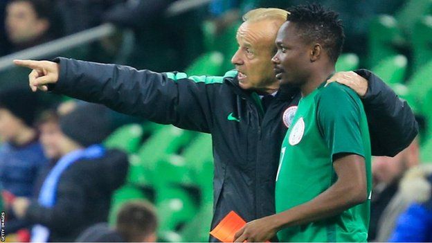 Nigeria coach Gernot Rohr gives instructions to Ahmed Musa