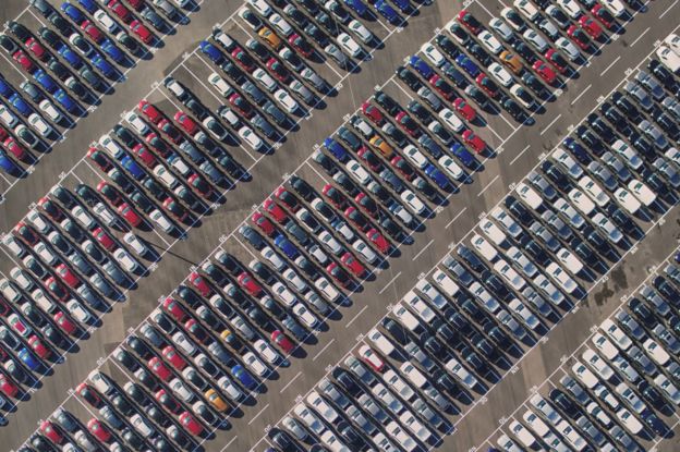 An aerial view of brand new cars parked at Avonmouth, Bristol