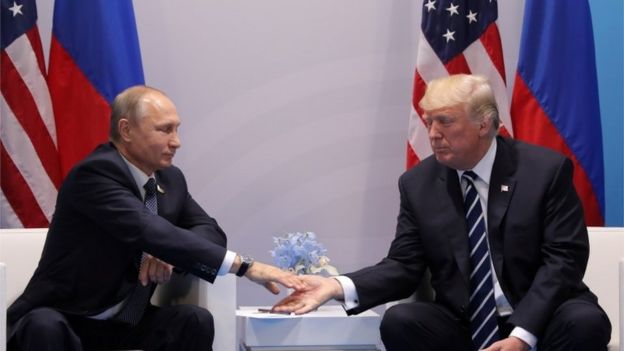 Russian President Vladimir Putin and his US counterpart Donald Trump at the G20 summit in Hamburg, 7 July 2017