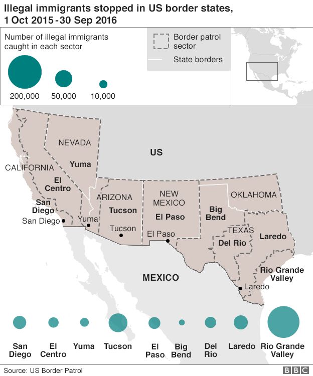 Map showing where most immigrants are detained entering the US from Mexico - highest being Rio Grande Valley and Tucson, Arizona - Sept 2016