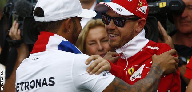 Sebastian Vettel congratulates Lewis Hamilton
