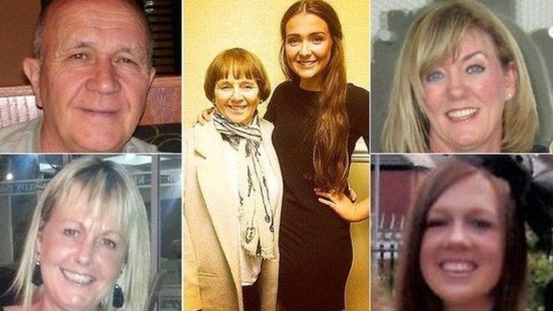 (Clockwise from top left) Jack Sweeney, Lorraine Sweeney, Erin McQuade, Jacqueline Morton, Stephenie Tait and Gillian Ewing were killed in the crash