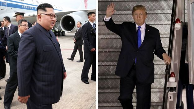 Kim Jong-un y Donald Trump a su llegada a Singapur.