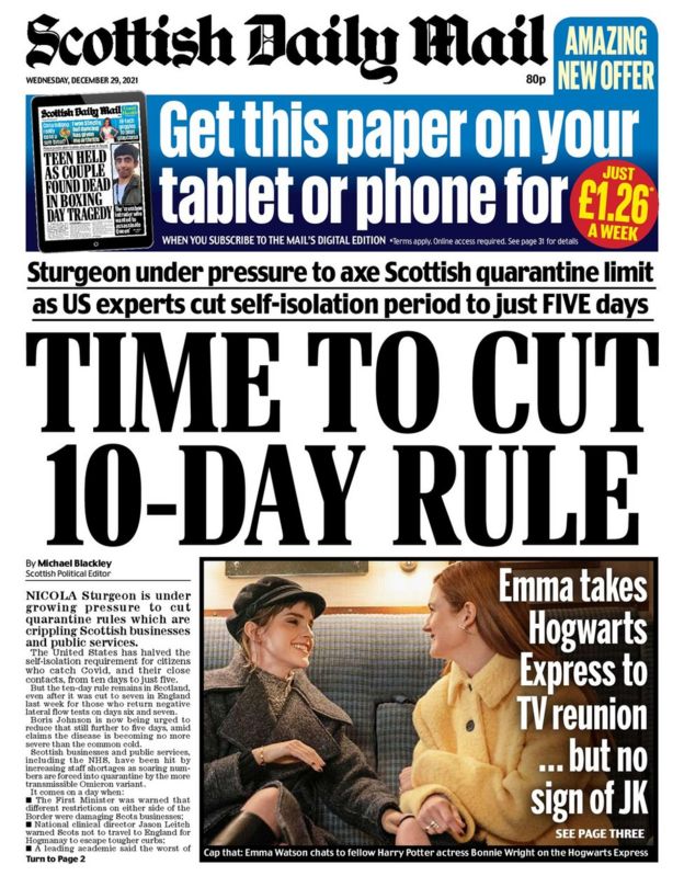 Scotland's papers 'Cut isolation rules' and Omicron peak still to come