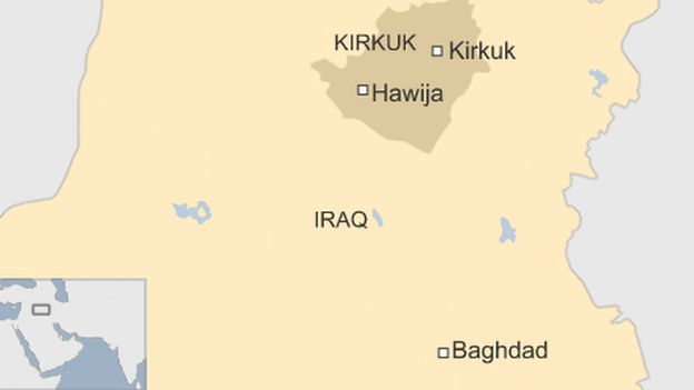 A map showing Hawija in northern Iraq