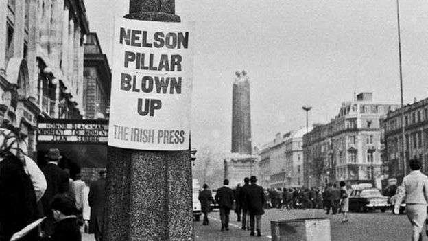 Newspaper ad on O'Connell Street announces: Nelson pillar blown up