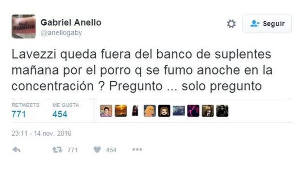 La acusación del periodista Gabriel Anello de que Lavezzi fumó marihuana durante la concentración.