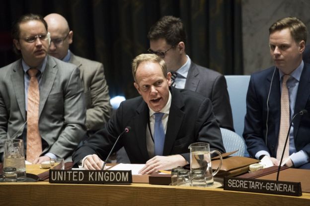 UN Ambassador to the United Nations Matthew Rycroft speaks during a meeting of the United Nations Security Council in New York, 5 April