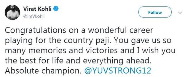 Virat Kohli tweet responding to Yuvraj's retirement