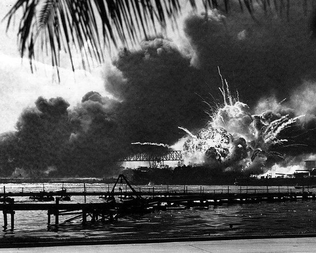he USS Shaw explodes during the Japanese raid on Pearl Harbor December 7, 1941