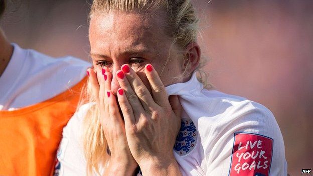 Laura Bassett weeps after her own goal in the England v Japan semi-final of the 2015 Women's World Cup