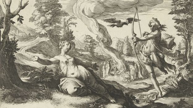 Apolo hiriendo con una flecha a la embarazada Coronis, con el cuervo -aún blanco- que denunció su adulterio volando cerca al dios, A la izquierda está la cremación de Coronis imaginada por los artistas del taller de Hendrick Goltzius en este grabado que data de 1590.