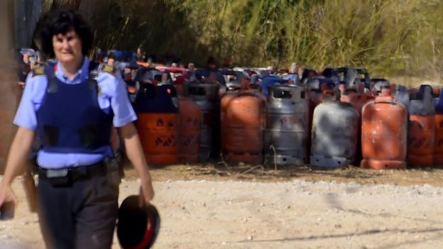 Gas canisters at the destroyed house in the Spanish town of Alcanar used by suspected jihadists behind the Barcelona and Cambrils attacks, 20 August 2017