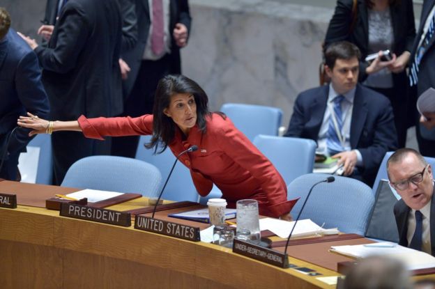 US Ambassador to the UN and current UN Security Council President Nikki Haley arrives for a UN Security Council meeting on Syria, 7 April