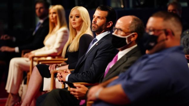 Members of the Trump family Eric Trump, Ivanka Trump, Tiffany Trump and Donald Trump Jr in the audience