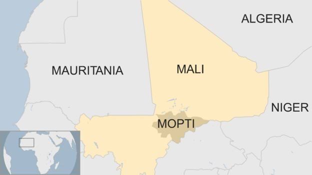 A map showing the location of Mali and Mopti, where the killings took place