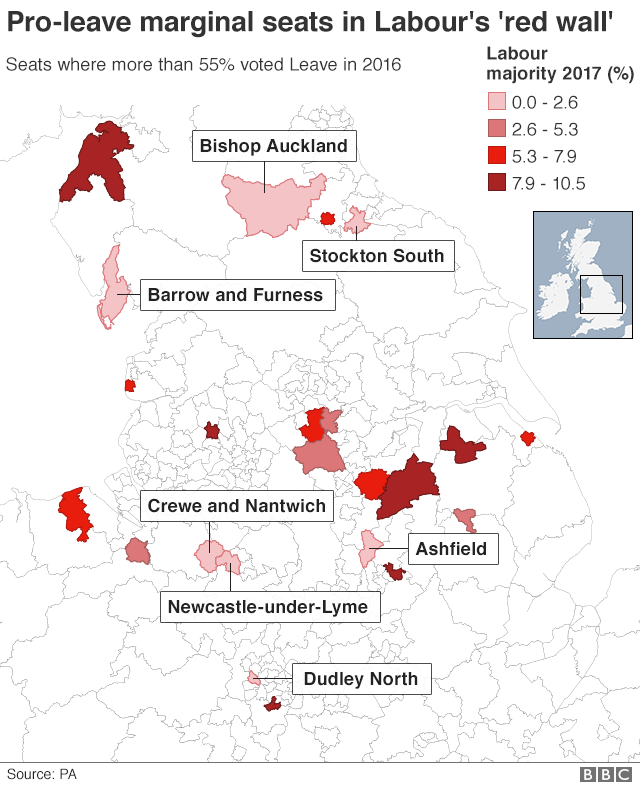 Map entitled "Pro-Leave marginal seats in Labour's 'red wall'"