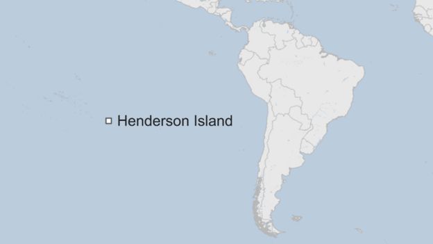 A map showing Henderson Island approximately 5000 kilometres off the coast of South America