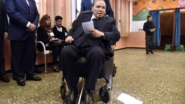 Algerian President Abdelaziz Bouteflika is seen while voting at a polling station April 2017