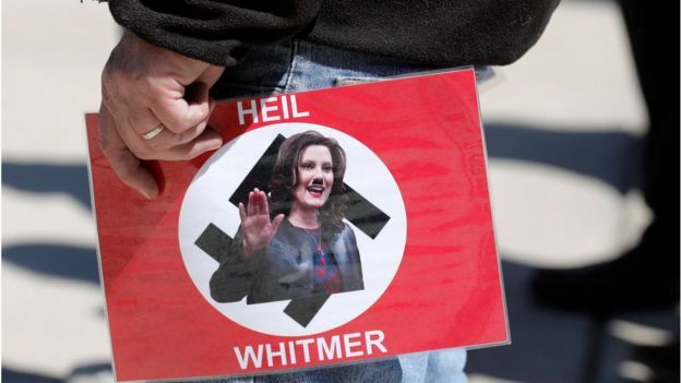 Anti-lockdown protesters have referred to Mrs Whitmer as Hitler