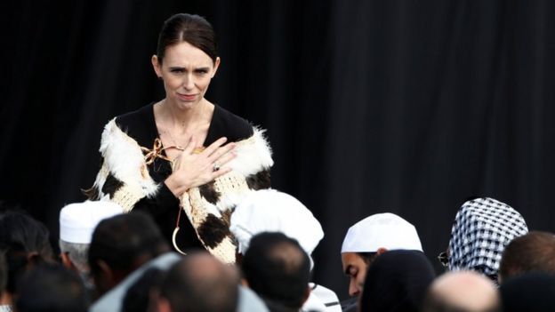 New Zealand's prime minister, Jacinda Ardern, speaking directly and gesturing to relatives of victims of the mosque attacks in Hagley Park on March 29