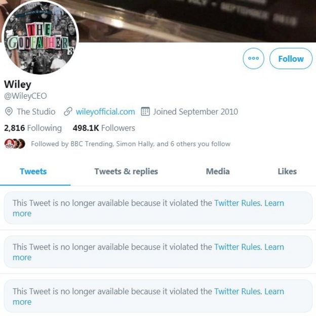 A screenshot shows Wiley's Twitter account, with his top three tweets all missing