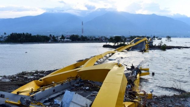 A Indonesian bridge destroyed by a tsunami