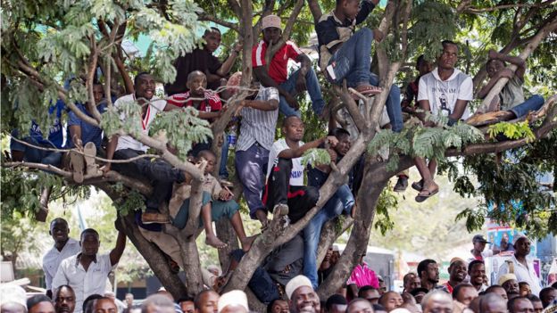People in a tree during an election rally in Tanzania