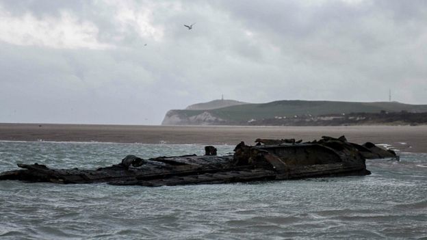 Wreckage of a German submarine which ran aground off the coast of Wissant in July 1917 and has resurfaced due to to sand movements