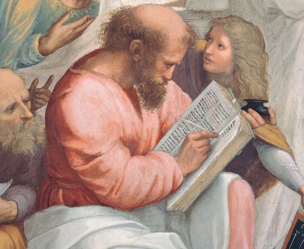 Detalle de "La escuela de Atenas" de Rafael que muestra Pitágoras escribiendo un libro.