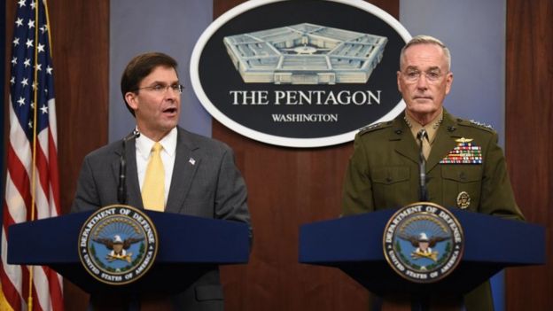 US Secretary of Defense Mark Esper (L) and Chairman of Joint Chiefs of Staff General Joseph Dunford at a press conference in August 2019