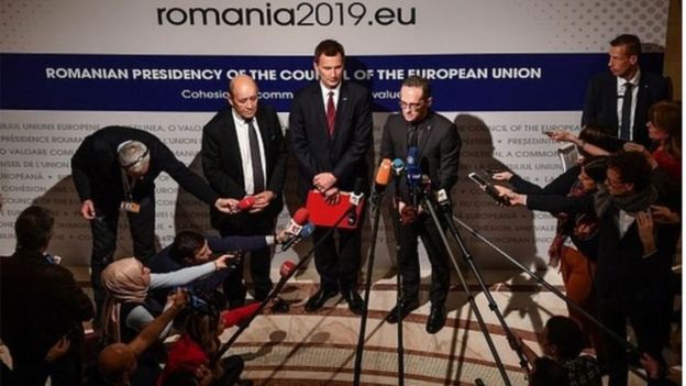 وزیران خارجه آلمان، بریتانیا و فرانسه در بخارست پس از رونمایی از سازوکار اینستکس