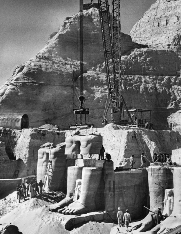 The colossal statues of Ramesses II being moved to protect them from flooding resulting from the construction of the Aswan High Dam