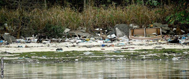 Pollution and debris along the banks of the Guanabara Bay, the site of the Olympic sailing events