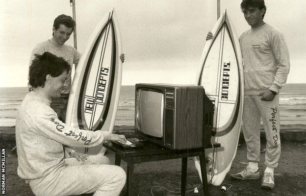 The Irish surfing team play Surf Champ on the beach in 1985 - sadly it was not plugged in