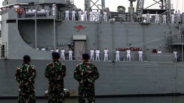 An Australian navy ship docking at a port in Jakarta, Indonesia in May 2019