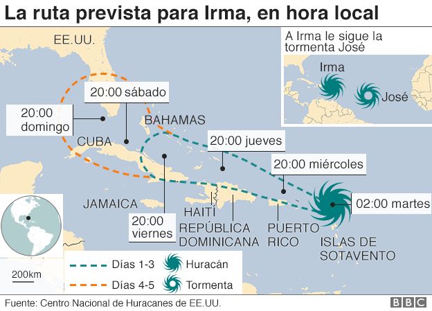 Mapa con la trayectoria prevista para el huracán Irma.