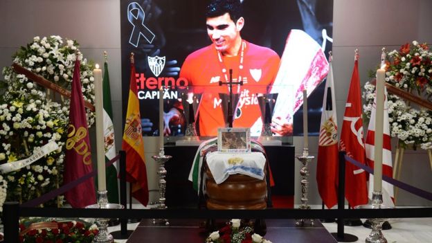 The coffin with the remains of Spanish footballer Jose Antonio Reyes at the Ramon Sanchez Pizjuan stadium in Seville, 2 June 2019