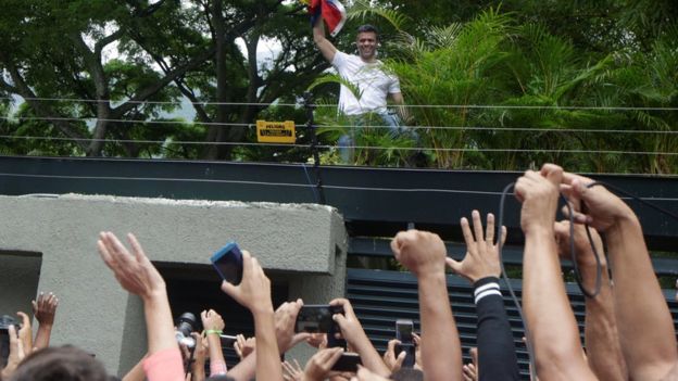 Leopoldo López saluda a sus simpatizantes