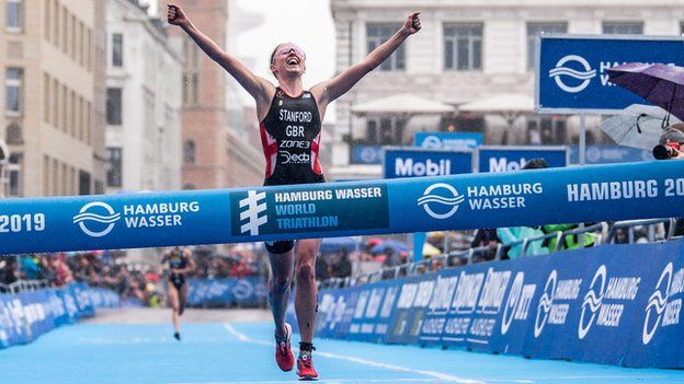 Non Stanford of Great Britain wins the ITU World Triathlon Elite women sprint distance during the Hamburg Wasser World Triathlon on July 06, 2019