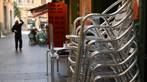 A closed restaurant terrace is pictured in Madrid on 13 March 2020,