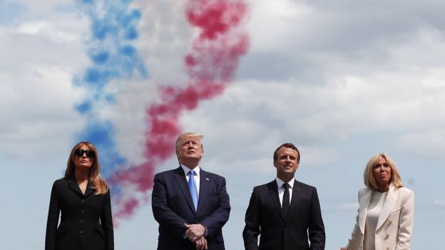 Donald and Melania Trump with Emmanuel and Brigitte Macron commemorating D-Day anniversary